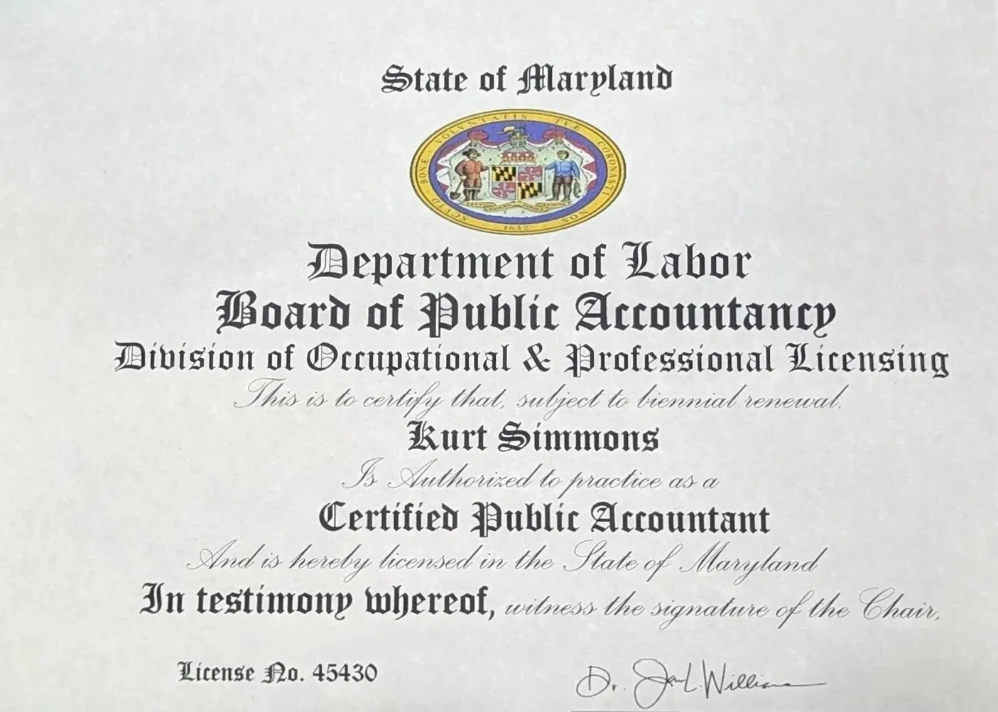 Maryland CPA License &mdash; Kurt Simmons, License No. 45430